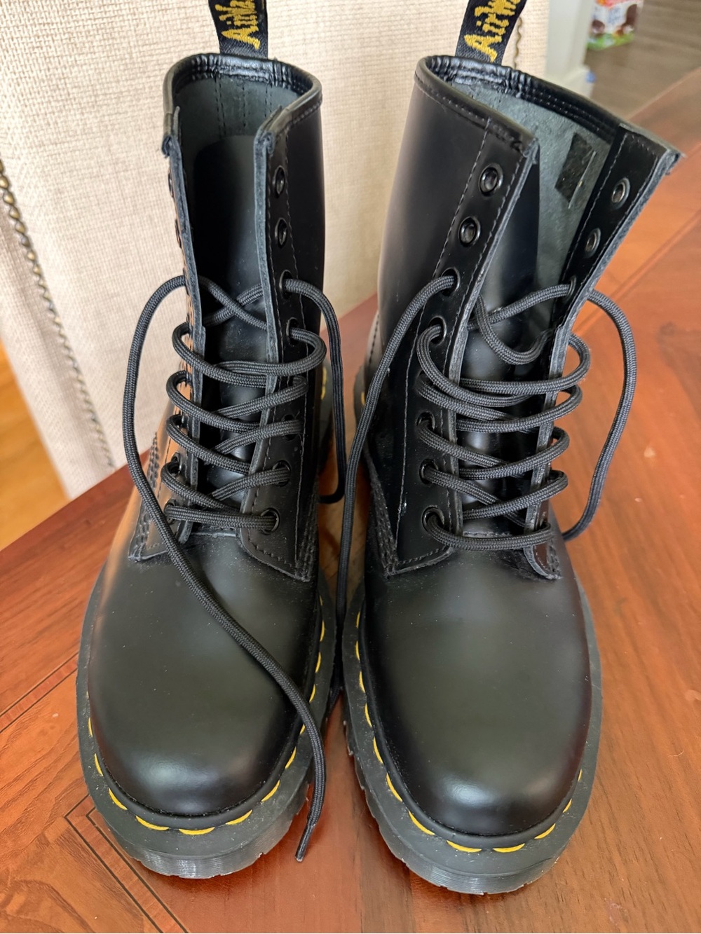 Dr. Martens Bex smooth Black Leather Lace-Up Combat Boots with Yellow Stitching - Picture 5 of 8